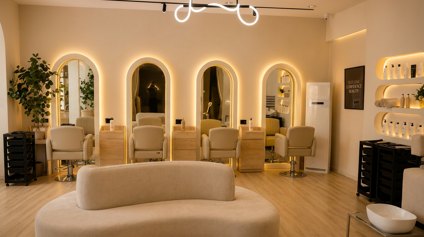 Candlelit interior of House of Mo salon and spa with warm wood panelling and brass detailing